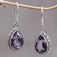 Amethyst dangle earrings, 'Sparkling Dew' - 925 Silver Earrings with Amethyst Total 8 Carats from Bali