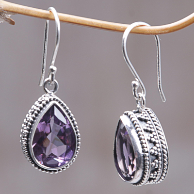 Amethyst dangle earrings, 'Sparkling Dew' - 925 Silver Earrings with Amethyst Total 8 Carats from Bali