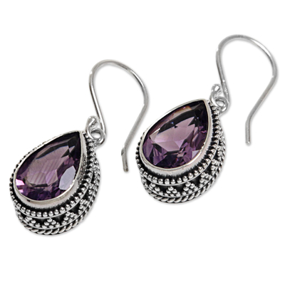 Amethyst dangle earrings, 'Sparkling Dew' - 925 Silver Earrings with Amethyst Total 8 Carats from Bali