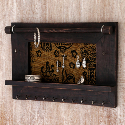 Wood and cotton jewelry display wall panel, 'Tegalalang Heritage in Dark Brown' - Hand Crafted Jewelry Display Wall Panel in Wood and Cotton