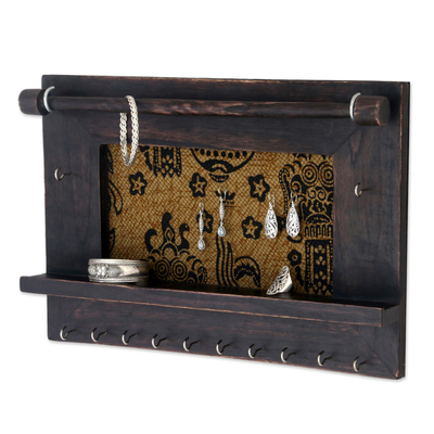 Wood and cotton jewelry display wall panel, 'Tegalalang Heritage in Dark Brown' - Hand Crafted Jewelry Display Wall Panel in Wood and Cotton