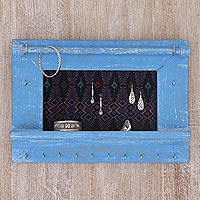 Wood and cotton jewelry display wall panel, 'Tegalalang Heritage in Sky' - Wood and Cotton Jewelry Display in Sky Blue from Indonesia