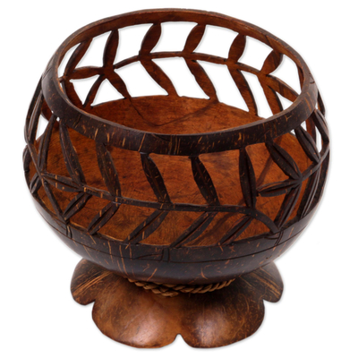 Coconut shell catchall, 'Bamboo Wraps' - Hand Carved Coconut Shell Catchall from Indonesia