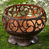 Coconut shell catchall, 'Spiral Vine' - Hand Made Coconut Shell Catchall Spiral from Indonesia