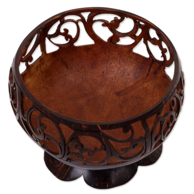 Coconut shell catchall, 'Spiral Vine' - Hand Made Coconut Shell Catchall Spiral from Indonesia