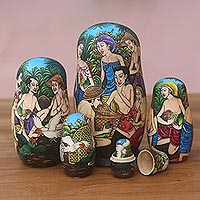 Wood nesting boxes, 'Tajen' (set of 8) - Set of 8 Nesting Boxes with Hand Painted Cock Fight Scenes