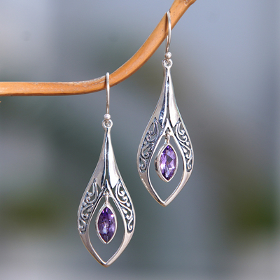 Amethyst dangle earrings, 'Purple Teardrops' - Hand Made Sterling Silver Amethyst Dangle Earrings Indonesia