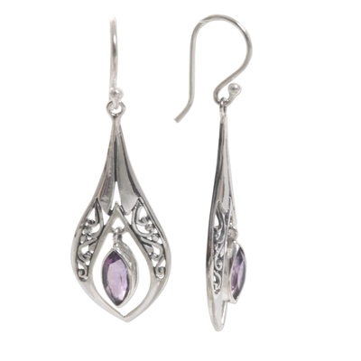 Amethyst dangle earrings, 'Purple Teardrops' - Hand Made Sterling Silver Amethyst Dangle Earrings Indonesia