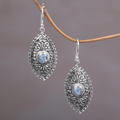 Ornate Balinese Handcrafted Silver Earrings With Blue Topaz Blue Topaz Dangle Earrings Wonderful Bali In Ornate Balinese Handcrafted Silver