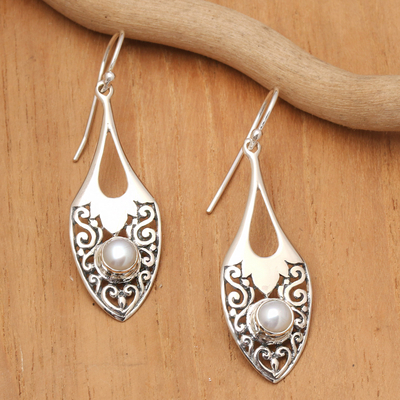 Cultured pearl dangle earrings, 'Catch the Moon' - Sterling Silver Cultured Pearl Dangle Earrings Indonesia