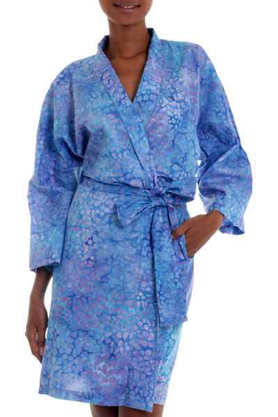 Short Cotton Batik Robe of Vibrant Blue and Rosy Hues