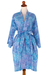 Short cotton robe, 'Pebbles in a River' - Short Cotton Batik Robe of Vibrant Blue and Rosy Hues (image 2d) thumbail
