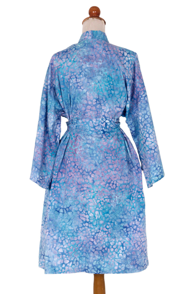 Short cotton robe, 'Pebbles in a River' - Short Cotton Batik Robe of Vibrant Blue and Rosy Hues
