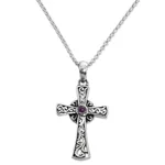 Amethyst cross pendant necklace, 'In God We Trust' - Sterling Silver Amethyst Cross Pendant Necklace Indonesia