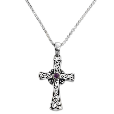 Amethyst cross pendant necklace, 'In God We Trust' - Sterling Silver Amethyst Cross Pendant Necklace Indonesia