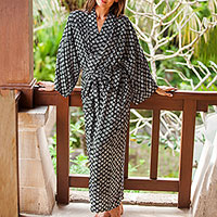 Rayon robe, 'A Thousand Swirls' - Black and White Rayon Robe from Indonesia