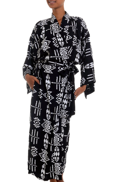 Black and White Patterned Rayon Robe from Indonesia