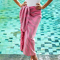 Handmade Pink and Brown Rayon Sarong from Indonesia,'Coral Flow'
