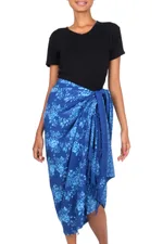 Rayon batik sarong, 'Blue Rose' - Hand Stamped Blue Batik Sarong in 100% Rayon