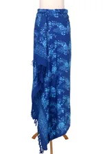 Rayon batik sarong, 'Blue Rose' - Hand Stamped Blue Batik Sarong in 100% Rayon