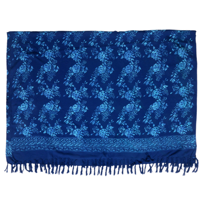 Rayon batik sarong, 'Blue Rose' - Hand Stamped Blue Batik Sarong in 100% Rayon
