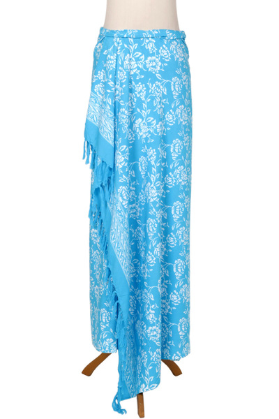 Rayon batik sarong, 'Tropical Garden in Cerulean' - Cerulean Blue Rayon Batik Sarong with Fringed Ends