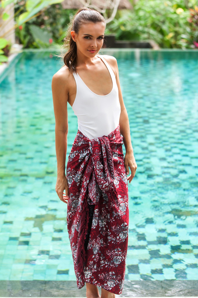 Rayon batik sarong, Tropical Garden in Claret