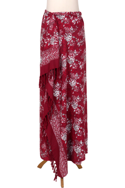 Red Floral Rayon Sarong with Hand Stamped Batik Pattern - Tropical ...