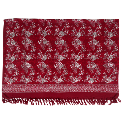 Rayon batik sarong, 'Tropical Garden in Claret' - Red Floral Rayon Sarong with Hand Stamped Batik Pattern