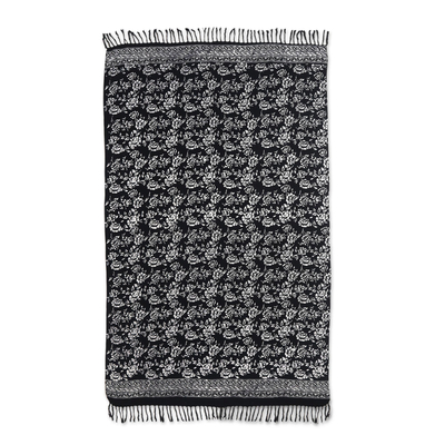 Rayon batik sarong, 'Tropical Garden in Black' - Black and White Rayon Sarong with Floral Batik Motifs