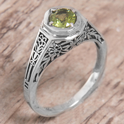 Peridot solitaire ring, 'Garden of Magic' - Sterling Silver Peridot Floral Solitaire Ring from Indonesia