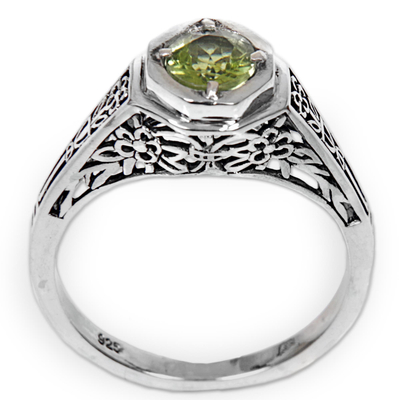 Peridot solitaire ring, 'Garden of Magic' - Sterling Silver Peridot Floral Solitaire Ring from Indonesia