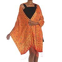 Silk shawl, 'Serene Garden' - Red and Yellow Hand-Stamped Batik Silk Shawl