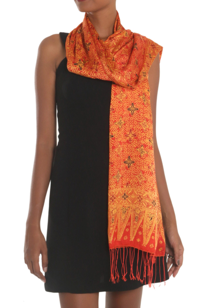 Silk shawl, 'Serene Garden' - Red and Yellow Hand-Stamped Batik Silk Shawl