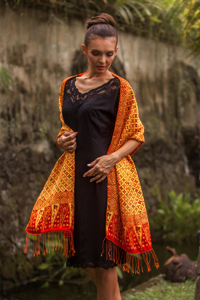 Silk shawl, 'Dimensions of Kawung' - Red, Yellow, and Brown Hand-Stamped Batik Silk Shawl