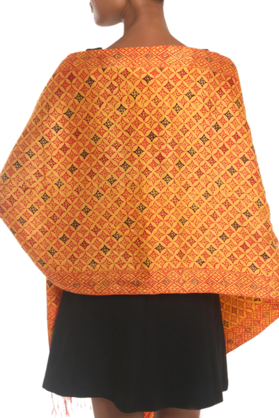 Mantón de seda - Mantón de seda batik estampado a mano en rojo, amarillo y marrón
