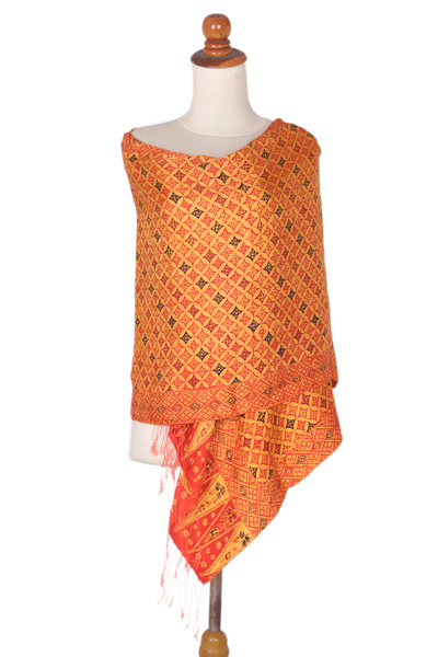 Mantón de seda - Mantón de seda batik estampado a mano en rojo, amarillo y marrón