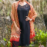 Silk shawl, 'Ceplok Beteng' - Red and Gold Metallic Hand Stamped Batik Silk Shawl