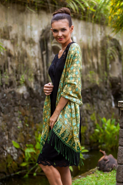 Batik silk shawl, 'Star Truntum' - Green Batik Handstamped 100% Silk Shawl