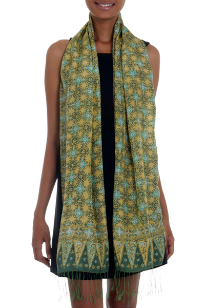 Batik silk shawl, 'Star Truntum' - Green Batik Handstamped 100% Silk Shawl