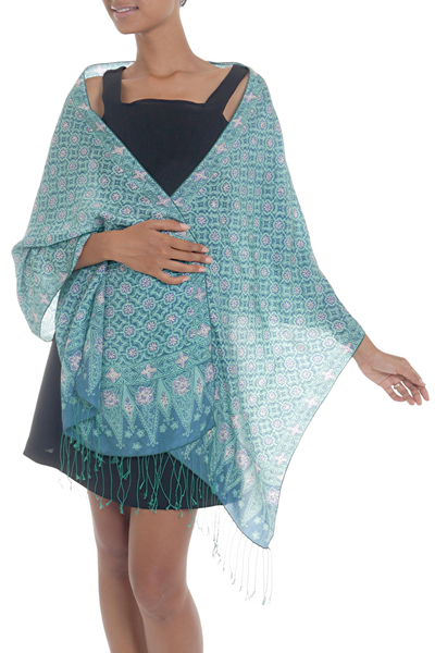 Silk batik shawl, 'Truntum Biru' - Blue Batik Truntum and Flower Patterned Silk Shawl