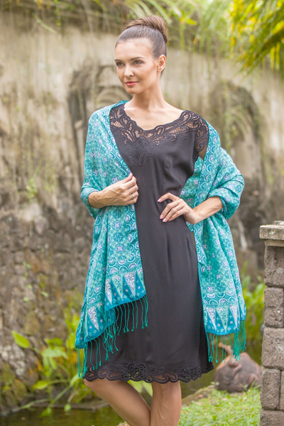 Mantón de seda - Mantón de seda batik estampado a mano tradicional azul y verde