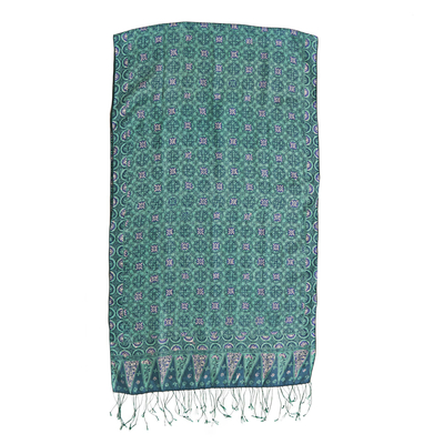 Silk shawl, 'Kawung Biru' - Blue and Green Traditional Hand-Stamped Batik Silk Shawl