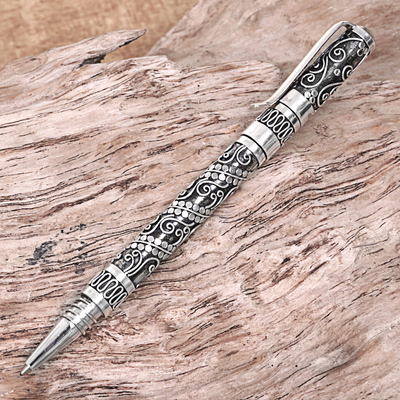 Bolígrafo de plata de ley, 'Balinese Swirls' - Bolígrafo de plata de ley hecho a mano de Indonesia