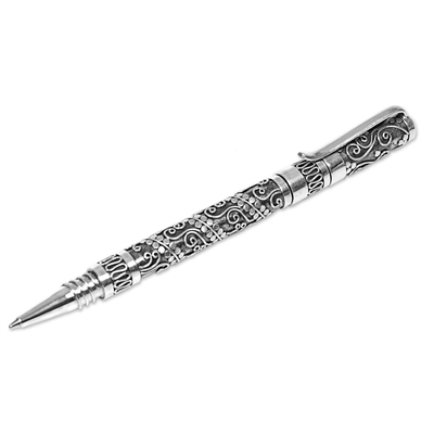 Bolígrafo de plata de ley, 'Balinese Swirls' - Bolígrafo de plata de ley hecho a mano de Indonesia