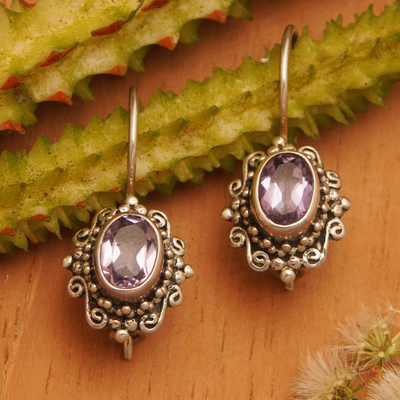 Amethyst drop earrings, 'Nature's Mirrors' - Hand Made Amethyst Sterling Silver Drop Earrings Indonesia