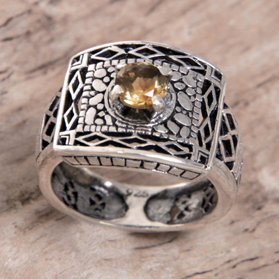 Citrine cocktail ring, 'Bali Temple' - Handmade Citrine and Sterling Silver Cocktail Ring