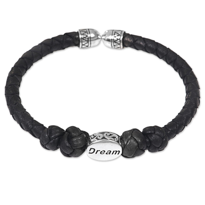 Sterling silver accent leather cuff bracelet, 'Bali Dream' - Sterling Silver Leather Cuff Bracelet in Black Indonesia