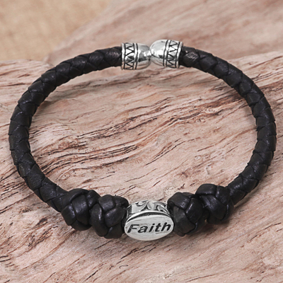 Sterling silver accent leather cuff bracelet, 'Bali Faith' - Sterling Silver Accent Leather Cuff Bracelet Indonesia