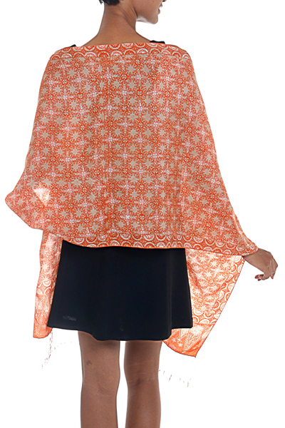 Silk batik shawl, 'Truntum Star' - Silk Shawl with Tangerine Truntum Motifs from Indonesia